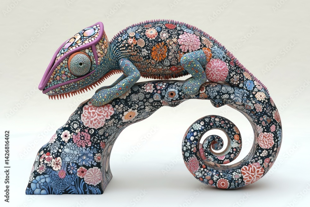 Fototapeta premium Detailed Chameleon Sculpture on Floral Rock, Studio Setting