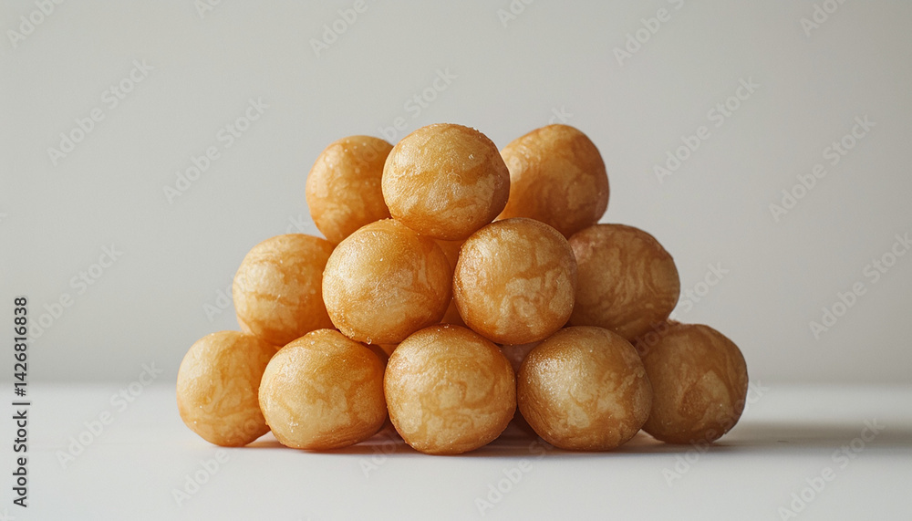 Golden Loukoumades Stacked on White Surface, Greek Honey Doughnuts, Light Brown Golden Loukoumades Stacked on White Surface, Greek Honey Doughnuts, Light Brown