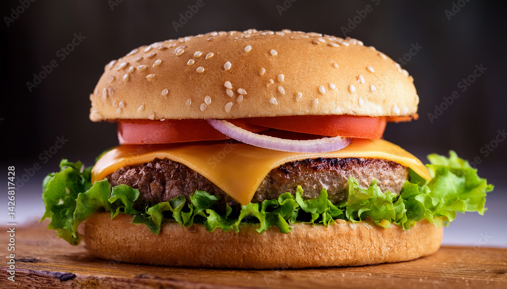 a classic cheeseburger with lettuce tomato and onion on a sesame seed bun a classic cheeseburger with lettuce tomato and onion on a sesame seed bun