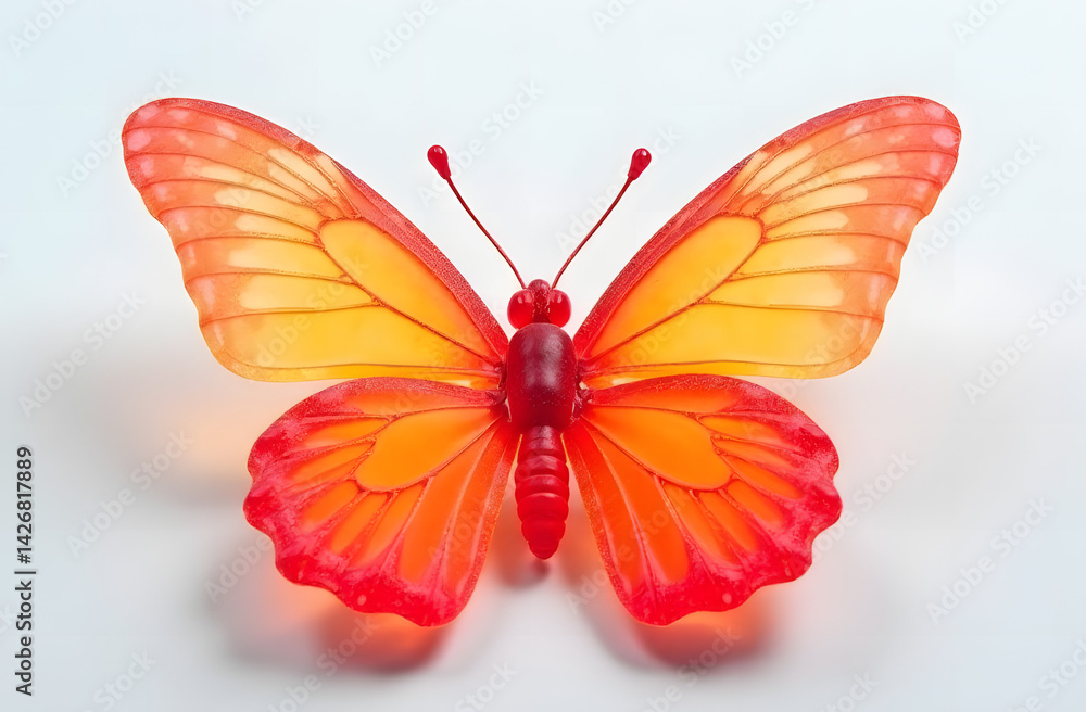 Bright orange decorative butterfly figurine with translucent wings on white background. Bright orange decorative butterfly figurine with translucent wings on white background.