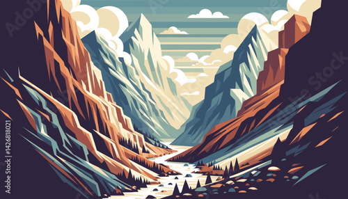 Mountain Gorge Vector Illustration – Modern Scenic Artwork of Majestic Rocky Canyon Landscape