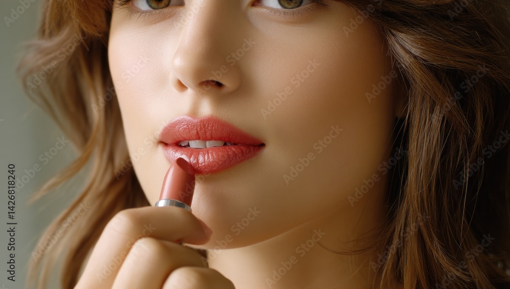 Woman applying lipstick at home for beauty, in a neutral background Woman applying lipstick at home for beauty, in a neutral background