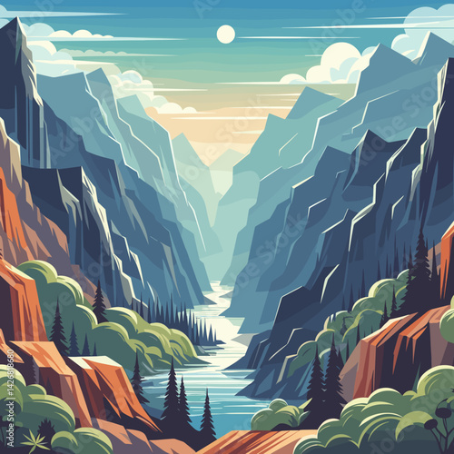 Mountain Gorge with River Vector – Modern Scenic Illustration of River Flowing Through Rocky Canyon