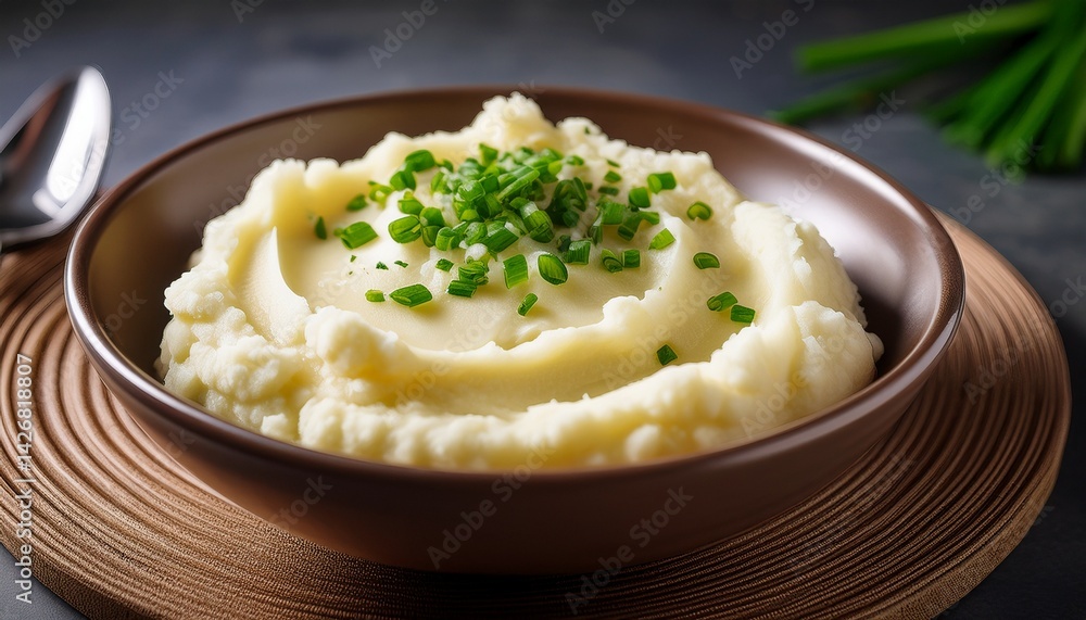 a creamy cauliflower mash served in a bowl topped with fresh chives and a pat of butter a creamy cauliflower mash served in a bowl topped with fresh chives and a pat of butter
