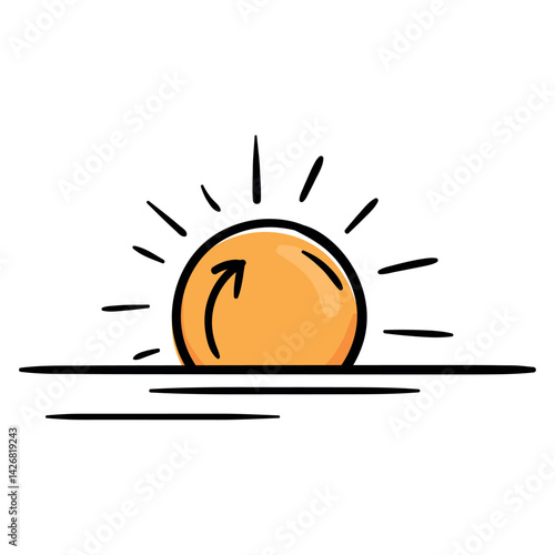 Sun, sunrise. Weather forecast icon. Vector illustration for print, sticker, app. Hand drawn sign, symbol isolated on white background