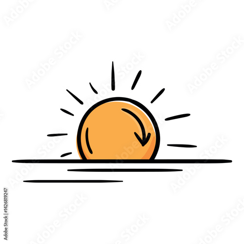 Sun, sunset. Weather forecast icon. Vector illustration for print, sticker, app. Hand drawn sign, symbol isolated on white background