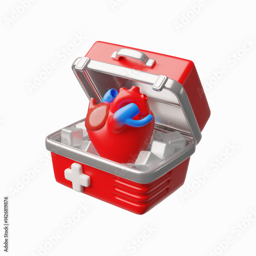 3D realistic human heart in red medical box with ice, internal organ delivery for transplant surgery, vector cardiology