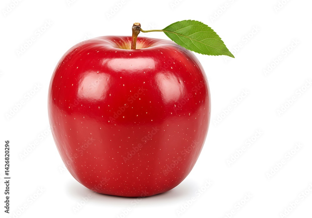 A single bright red apple with a green leaf on a white background in a close up studio shot image A single bright red apple with a green leaf on a white background in a close up studio shot image