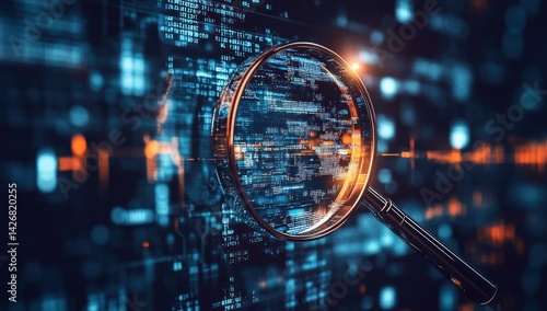 Magnifying glass focuses on digital data stream blue and orange abstract background.