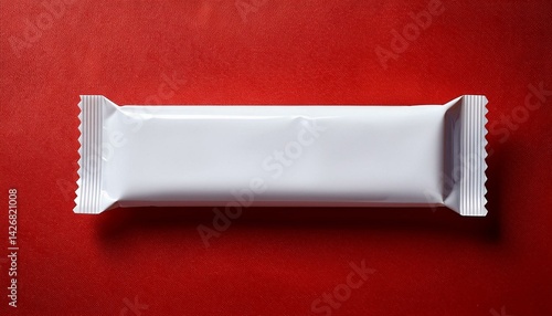  Blank snack bar mockup with realistic falling shadow. Snack bar or candy wrapper white plastic blank mockup, red background