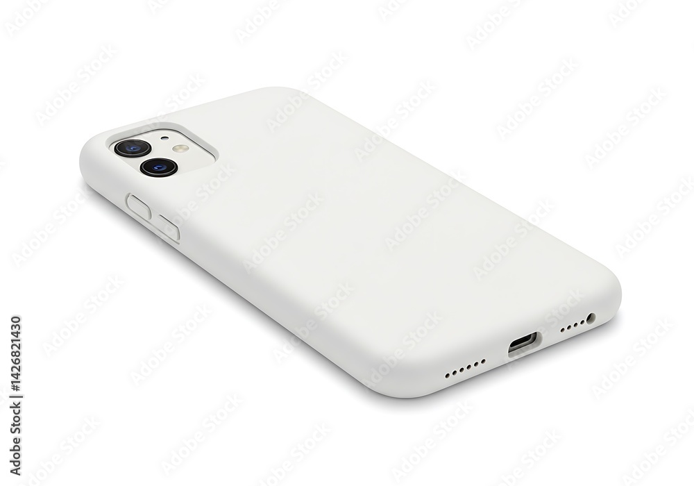 White phone case lying on a white surface showing the camera and charging port in a studio shot White phone case lying on a white surface showing the camera and charging port in a studio shot
