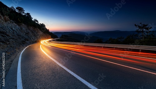 Cars orange and yellow light trails at night in a curve asphalt road at night	
