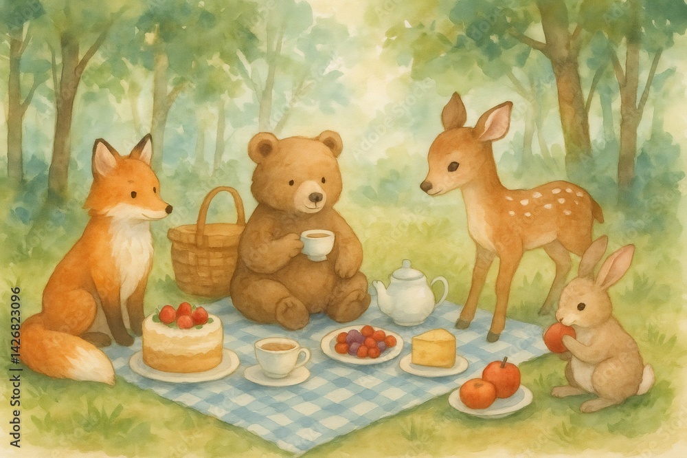 Naklejka premium Watercolor illustration of cute animals having a picnic in a sunny forest