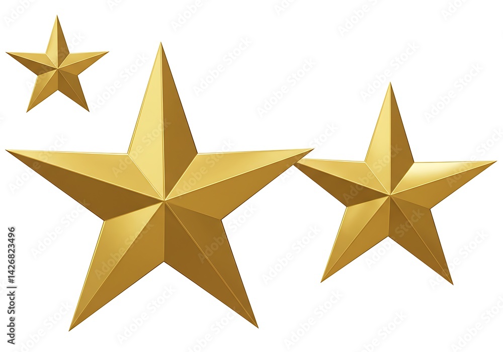 Obraz premium Three golden stars of varying sizes arranged on a plain white background in a simple composition