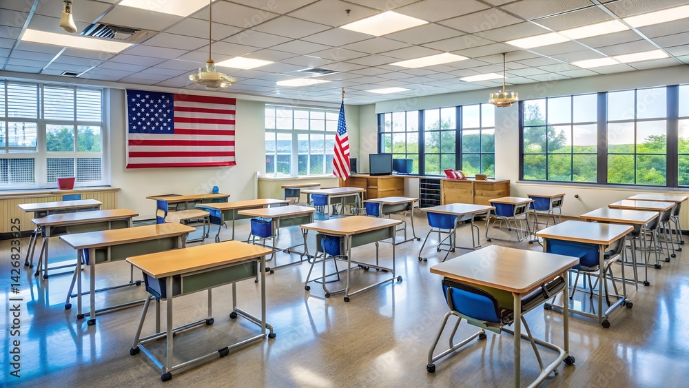 empty classroom in a typical american school. end of classes. empty classroom at school. end of lessons. interior in a school classroom empty classroom in a typical american school. end of classes. empty classroom at school. end of lessons. interior in a school classroom