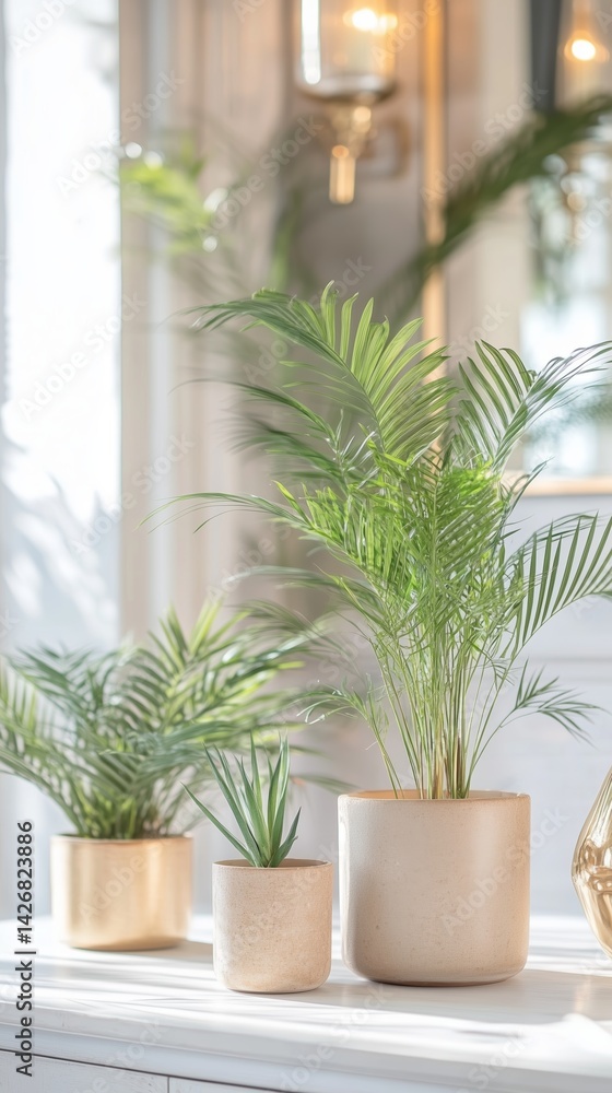 Indoor plants arranged beautifully in elegant pots, creating a serene atmosphere filled with natural light Indoor plants arranged beautifully in elegant pots, creating a serene atmosphere filled with natural light