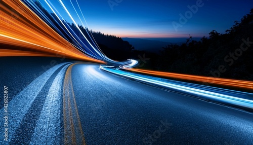 High speed motion blur. Concept of leading in business, Hi tech products background. Cars orange and blue light trails at night in a curve asphalt road at night