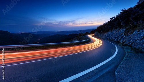 Cars orange and blue light trails at night in a curve asphalt road at night. High speed motion blur. Concept of leading in business, Hi tech products background. 