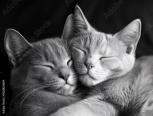 Wallpaper Mural two cats, one gray and one black, lying close to each other with their eyes closed, appearing to be sleeping or resting. The background is blurred, focusing attention on the cats. Torontodigital.ca