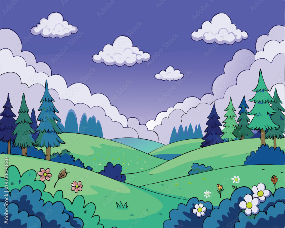 A vibrant and whimsical landscape featuring colorful flowers, lush meadows, towering pine trees, and majestic mountains under a dramatic cloud-filled sky.