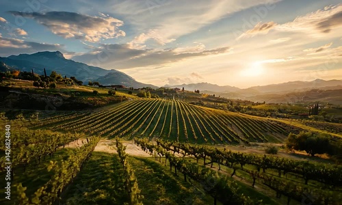 Wallpaper Mural Lush vineyard bathed in golden sunlight, rows stretching into the hills under a vibrant sky at dusk Torontodigital.ca