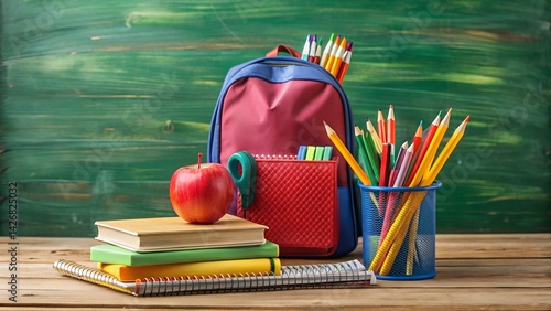concept school accessories for studying at school. school supplies. back to school. backpack with pens and notebooks with books on the table