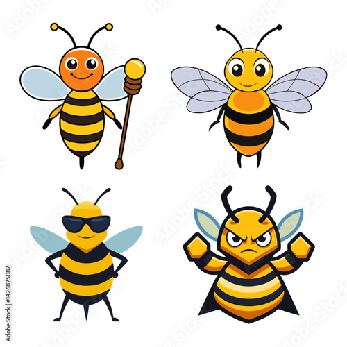 A cute yellow cartoon bee with a happy smile flies near honey, an illustration of nature's flying insect