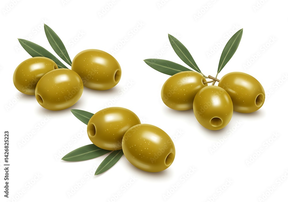 Three groups of green olives with leaves on a white background creating a clean and simple composition Three groups of green olives with leaves on a white background creating a clean and simple composition