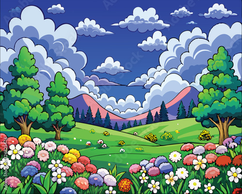 A vibrant and whimsical landscape featuring colorful flowers, lush meadows, towering pine trees, and majestic mountains under a dramatic cloud-filled sky.