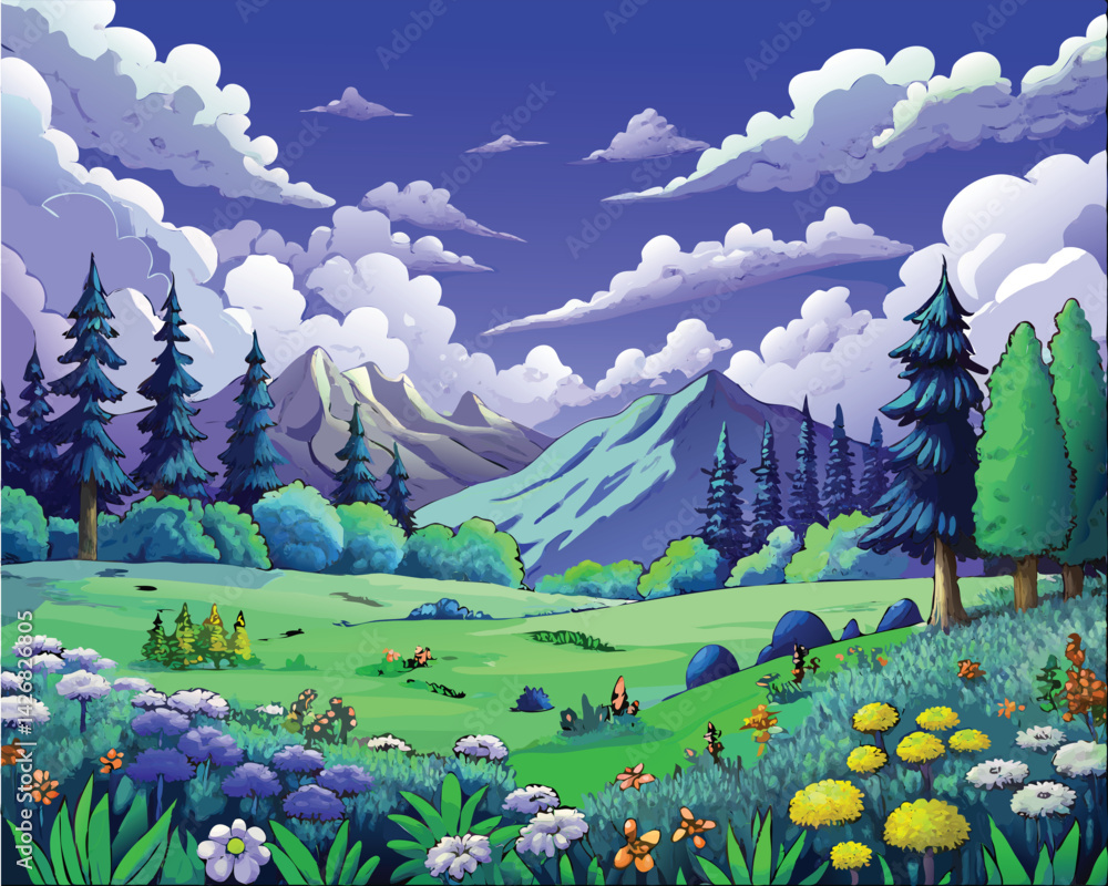 A vibrant and whimsical landscape featuring colorful flowers, lush meadows, towering pine trees, and majestic mountains under a dramatic cloud-filled sky.
