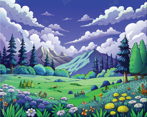 Obraz na płótnie A vibrant and whimsical landscape featuring colorful flowers, lush meadows, towering pine trees, and majestic mountains under a dramatic cloud-filled sky. w salonie