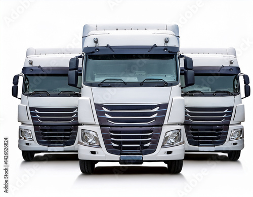 fleet of three white heavy trucks isolated on white background logistics and transportation concept cutout