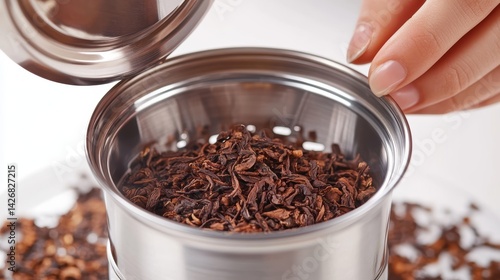 Woman making tea with loose-leaf tea and a tea infuser, isolated on white background