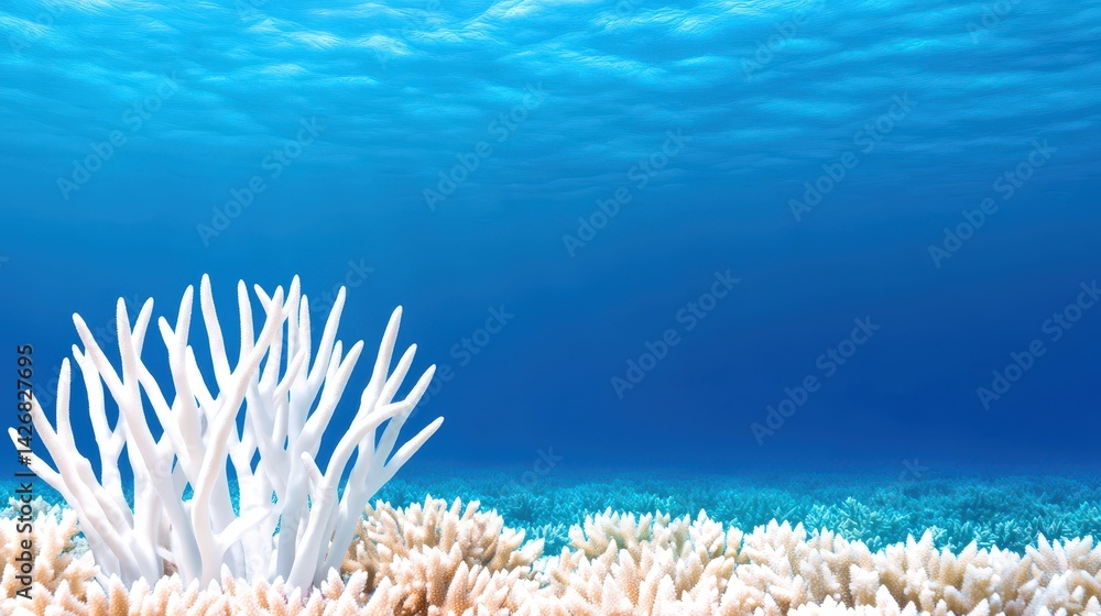 Beneath the clear turquoise waters, diverse coral structures rise from the ocean floor. Light filters through, illuminating the underwater paradise, showcasing marine biodiversity