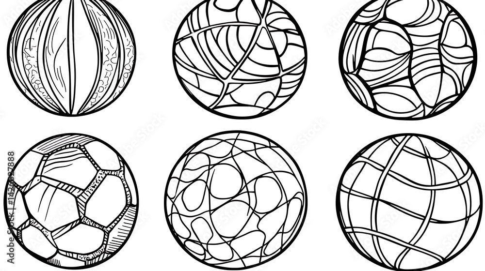 Six hand-drawn spherical designs with varied textures, linework, and patterns Six hand-drawn spherical designs with varied textures, linework, and patterns