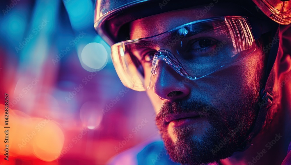 Man wearing safety glasses and helmet with colorful blurred background. Man wearing safety glasses and helmet with colorful blurred background.