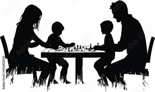 Black and white vector illustration of a family sitting around a table, engaging in a board game, depicting togetherness, bonding, and shared activities