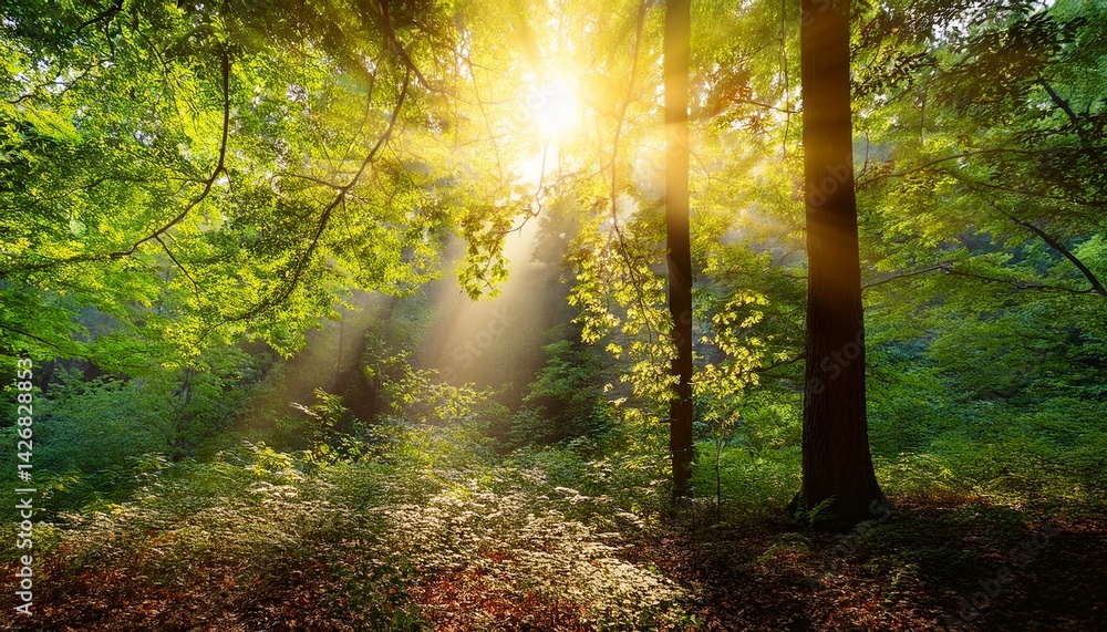 Obraz premium magical sunlight through forest leaves with copy space