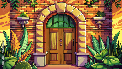 Cozy door with Plants Illustration vector at sunset time