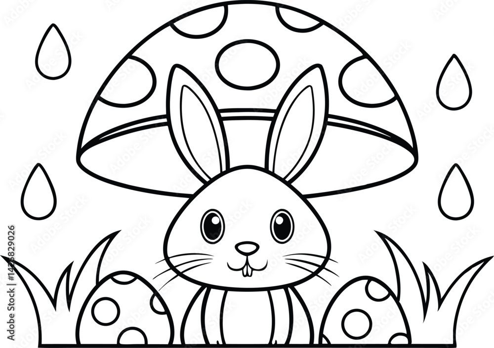 Obraz premium Whimsical Line Art Cartoon Rabbit with Mushroom, Grass, Eggs, Raindrops Outline