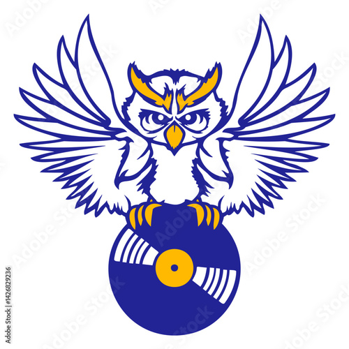 Flying DJ Owl vinyl record plate music club party Isolated Vector Graphic Design Illustration
