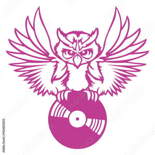 Flying DJ Owl vinyl record plate music club party Isolated Vector Graphic Design Illustration
