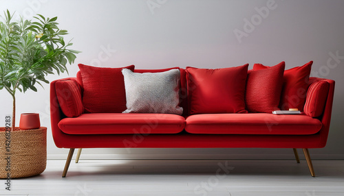 red couch with pillows and a table with a potted plant