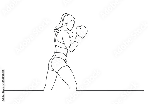 Continuous line drawing of a female boxer in athletic stance with gloves and minimalist black and white design