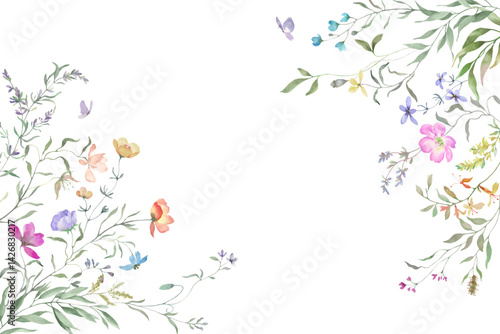 Watercolor floral frame with colorful wildflowers. Hand drawn illustration isolated on pastel background. Vector EPS.
