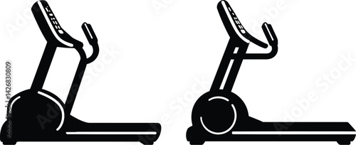 Black and white vector illustration of two treadmill silhouettes positioned side by side, representing fitness equipment, gym workouts, exercise routines, and home training