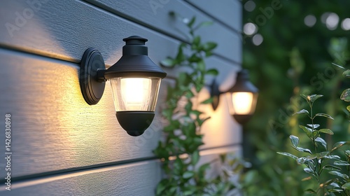 Outdoor wall lights illuminate a garden wall