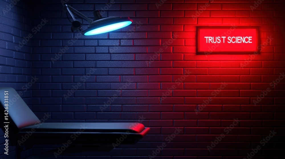 Dim lighting creates a dramatic atmosphere in a room featuring a sleek examination table under a blue lamp