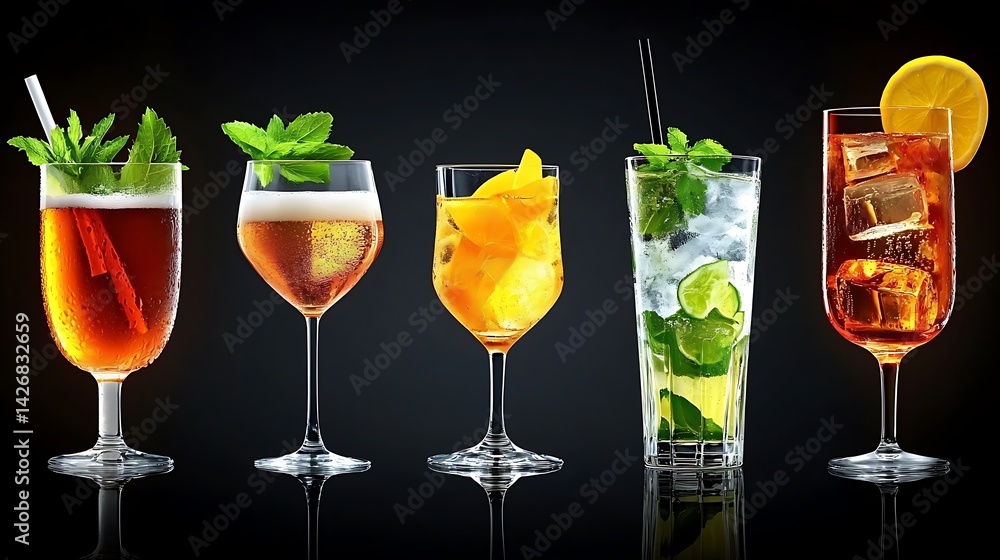 Five refreshing cocktails; iced tea, spritz, and more, garnished with fruit and mint Five refreshing cocktails; iced tea, spritz, and more, garnished with fruit and mint