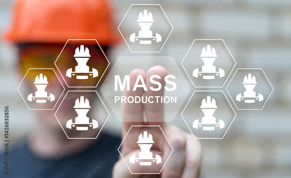 Engineer using virtual touch screen sees text: MASS PRODUCTION. Mass Production Industry Optimization Business concept. Factory, efficiency, standard, innovation, automation, assembly line, tech.